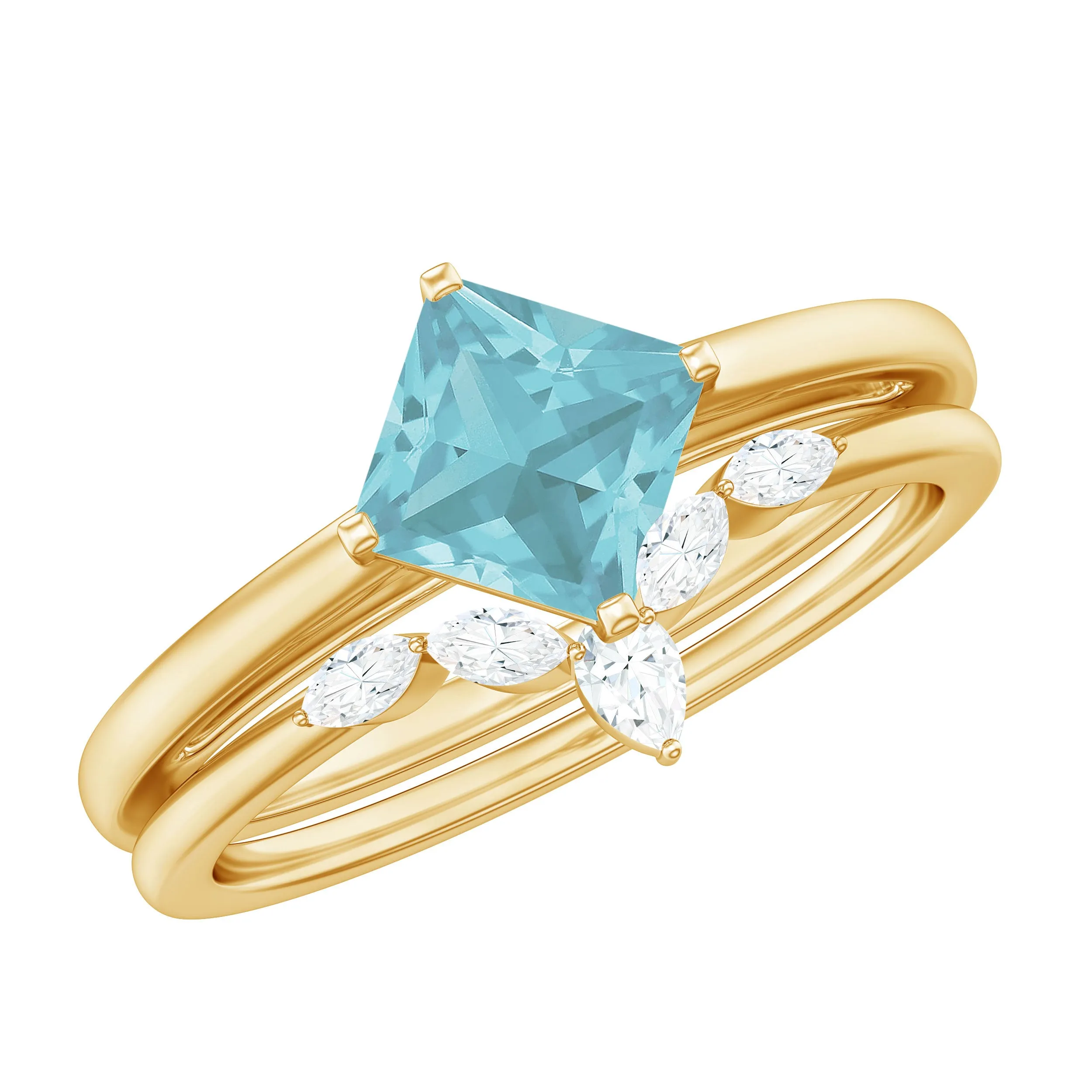 1 CT Princess Cut Sky Blue Topaz and Diamond Solitaire Ring Set