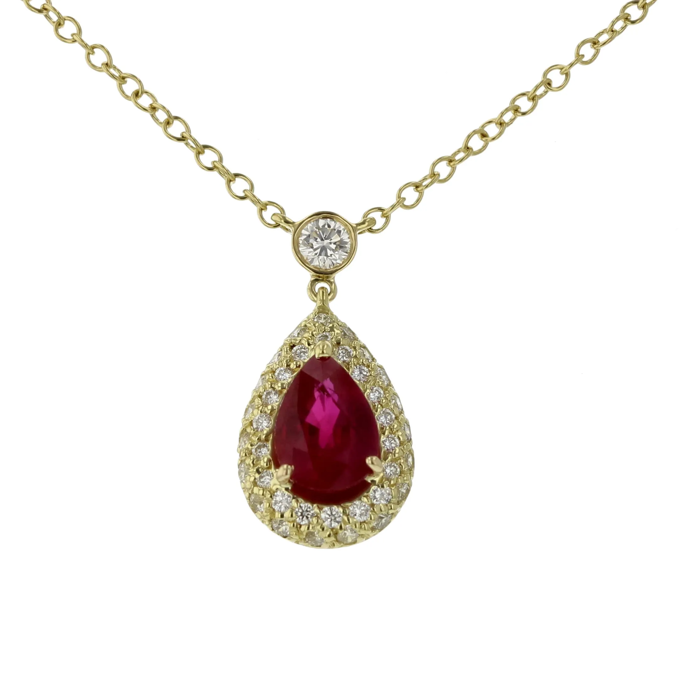 1.15ct Pear Shaped Ruby and 0.40ct Double Halo Pendant in 18K Yellow Gold