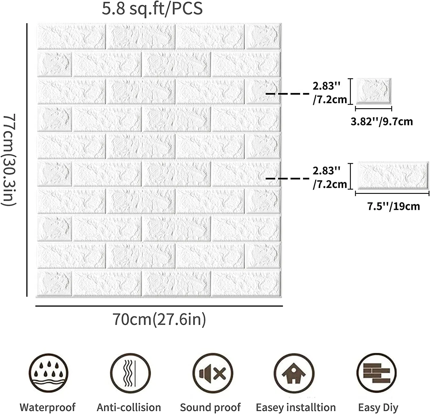 5Pcs 3D Brick Self Adhesive Wallpaper Panels 70X75CM-White