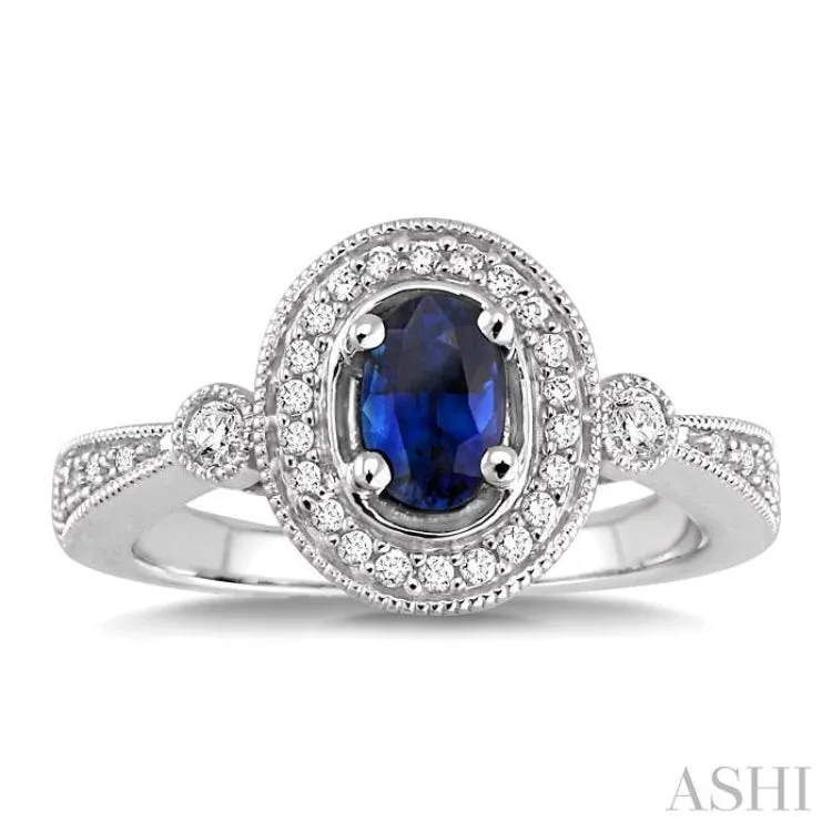 6x4mm Oval Cut Sapphire and 1/5 Ctw Round Cut Diamond Ring in 14K White Gold