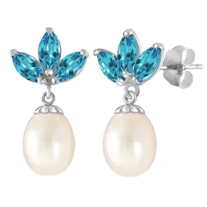 9.5 Carat 14K Solid White Gold Dangling Earrings Pearl Blue Topaz