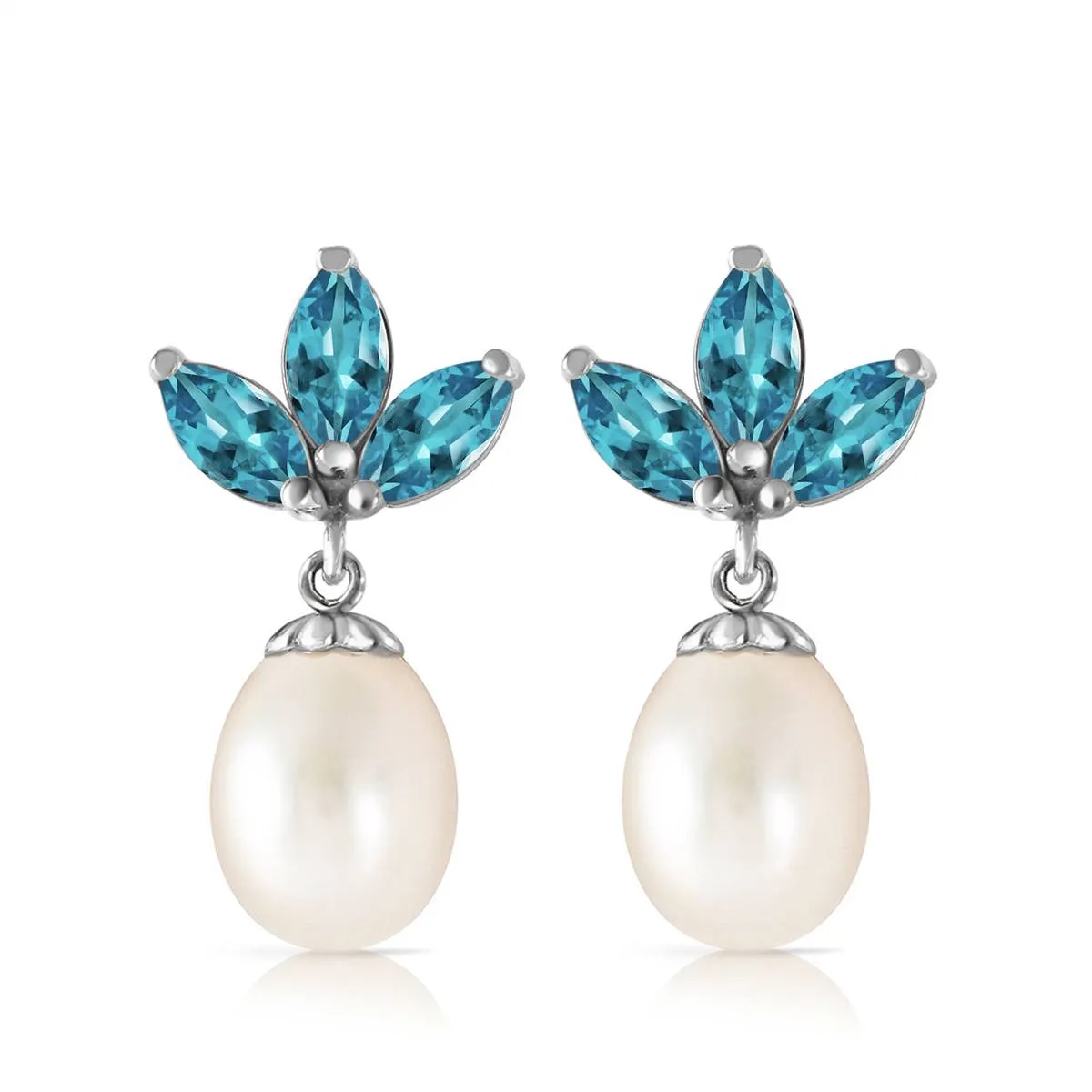 9.5 Carat 14K Solid White Gold Dangling Earrings Pearl Blue Topaz