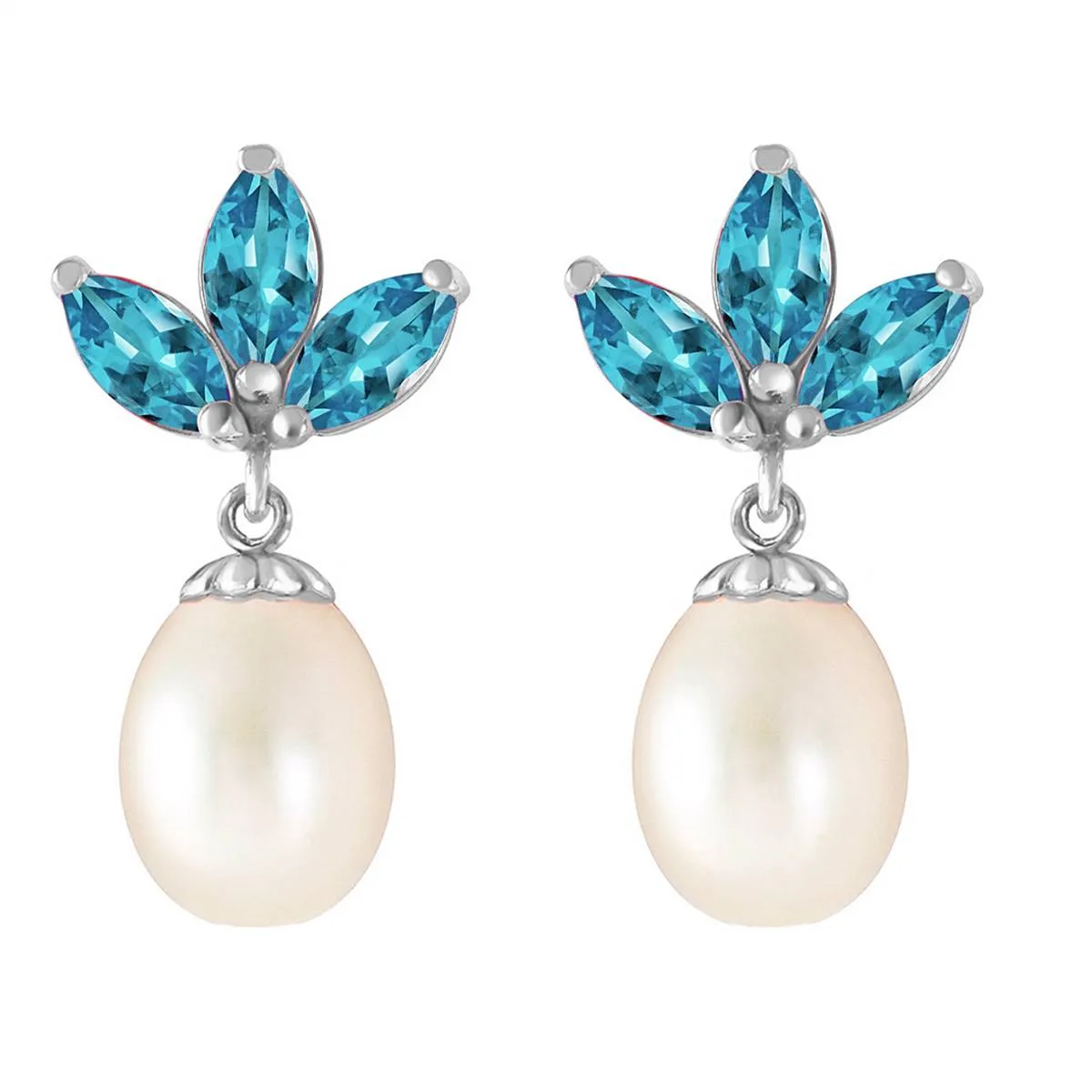 9.5 Carat 14K Solid White Gold Dangling Earrings Pearl Blue Topaz