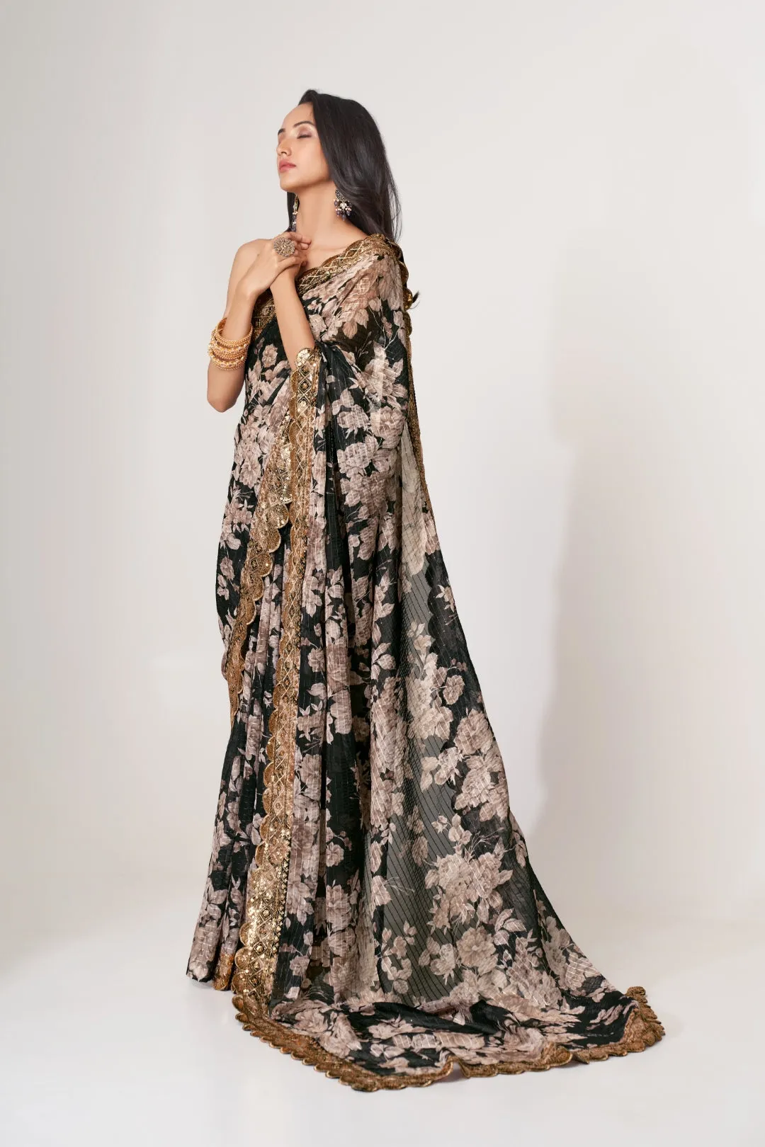 Black Organza Saree with Sequin Embroidery and Digital Print