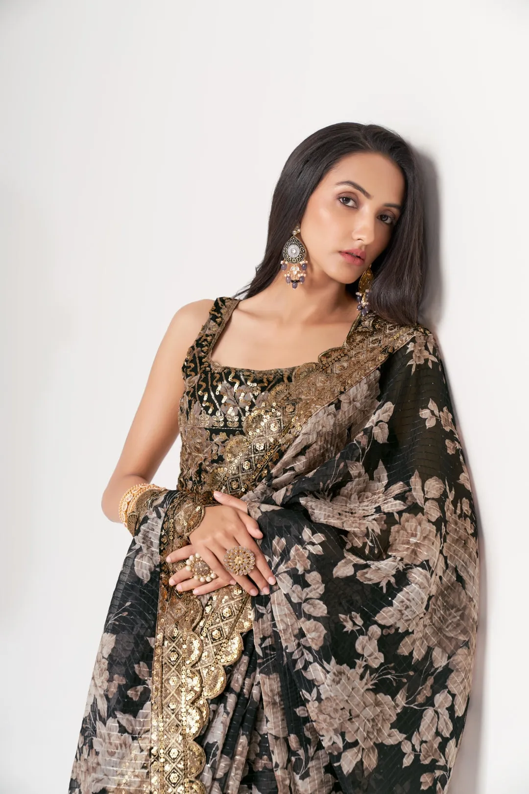 Black Organza Saree with Sequin Embroidery and Digital Print