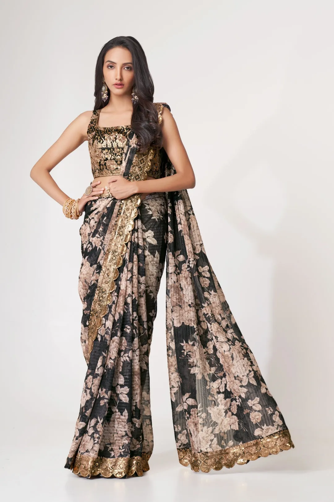 Black Organza Saree with Sequin Embroidery and Digital Print