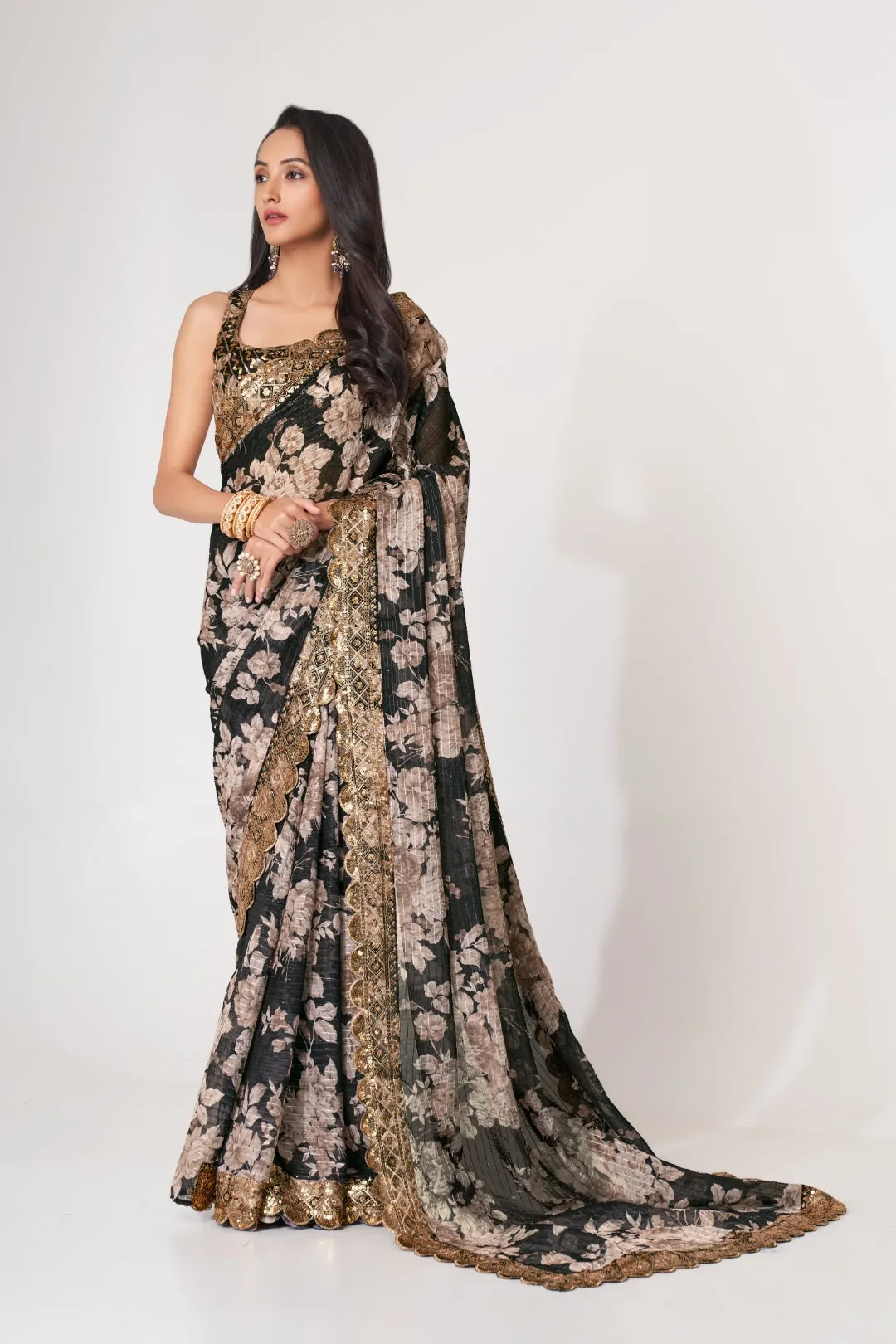 Black Organza Saree with Sequin Embroidery and Digital Print