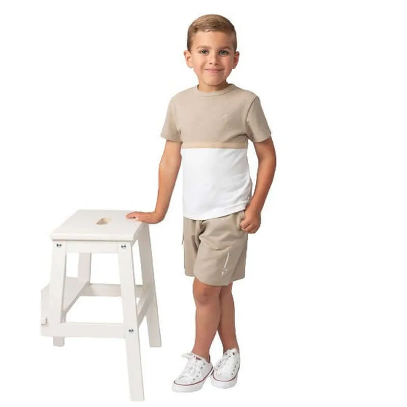 Boys Beige Crew Neck Waffle Short Set