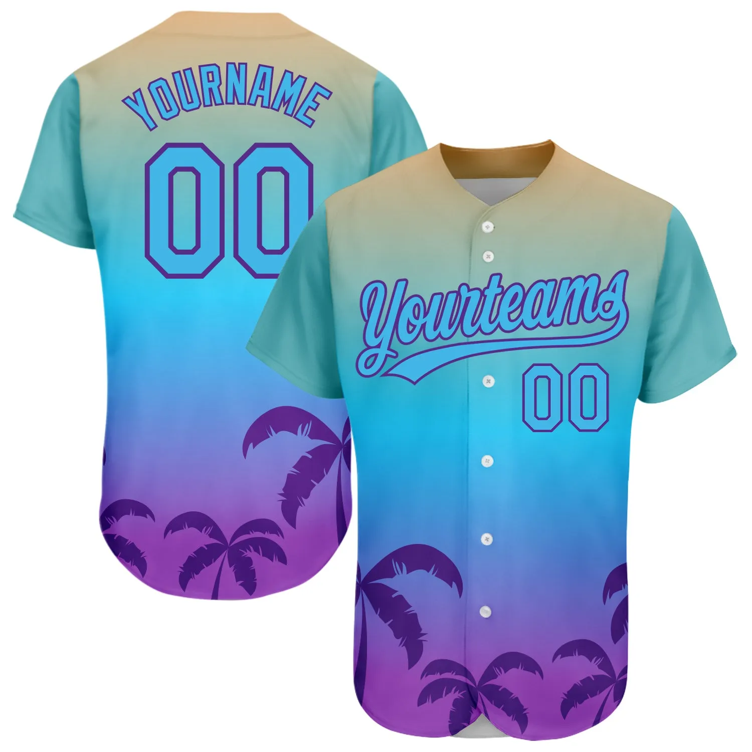 Custom Sky Blue Purple 3D Pattern Design Hawaii Palm Trees Authentic Baseball Jersey