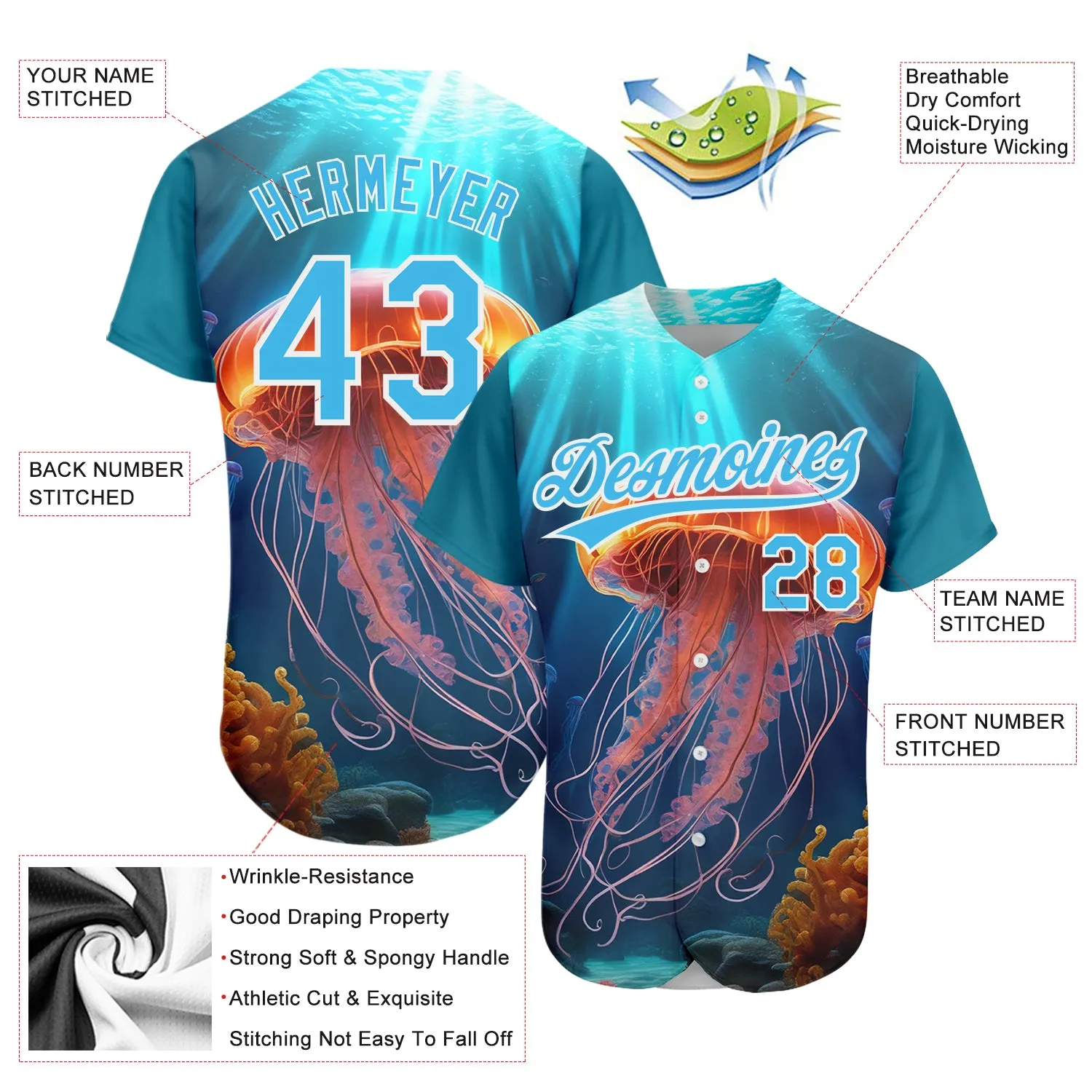 Custom Sky Blue White 3D Pattern Design Jellyfish Floating In The Ocean Authentic Baseball Jersey