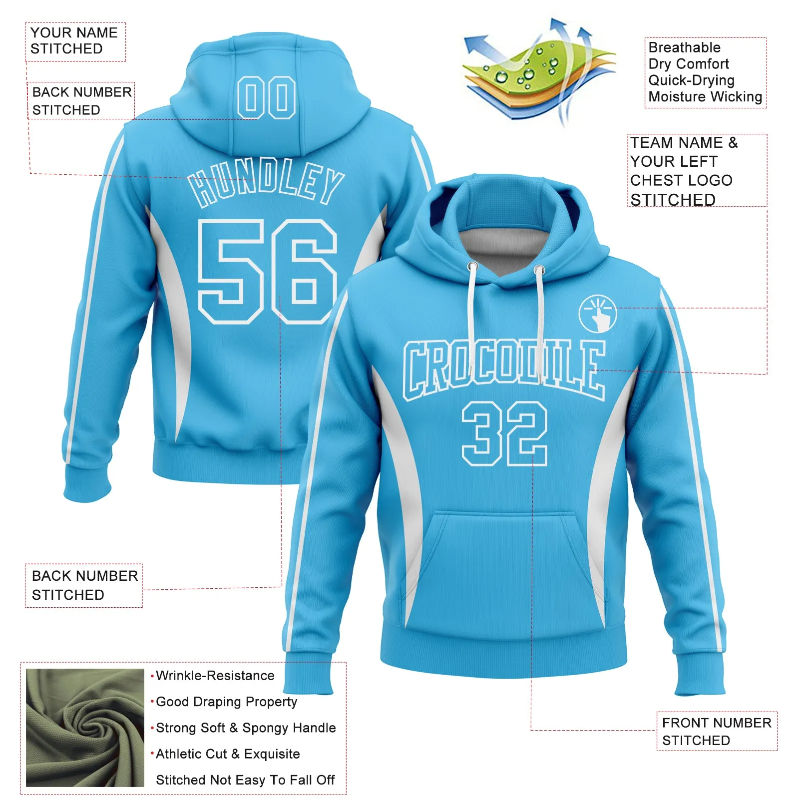 Custom Stitched Sky Blue White 3D Pattern Design Color Blocking Stripe Sports Pullover Sweatshirt Hoodie