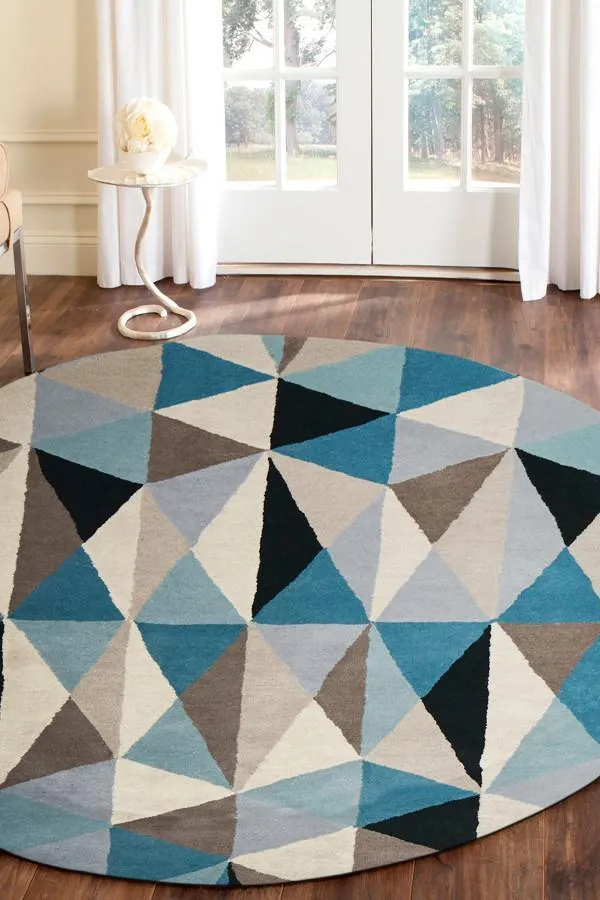 Gem Stone Designer Wool Blue  Round Rug