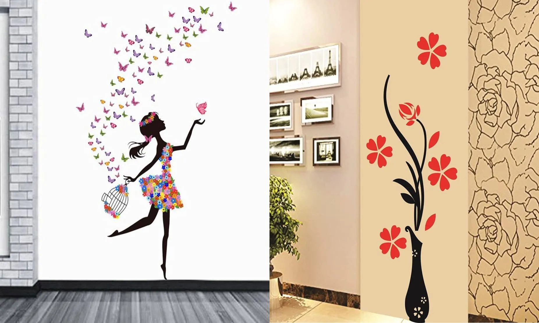 Ghar Kraft Set of 2 Wall Sticker Dream Girl and Flower Vase Red Wall Sticker