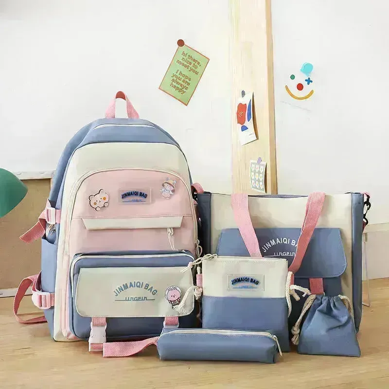 Girls Color Contrast Cute Large Capacity Backpack 5 piece School Bag set