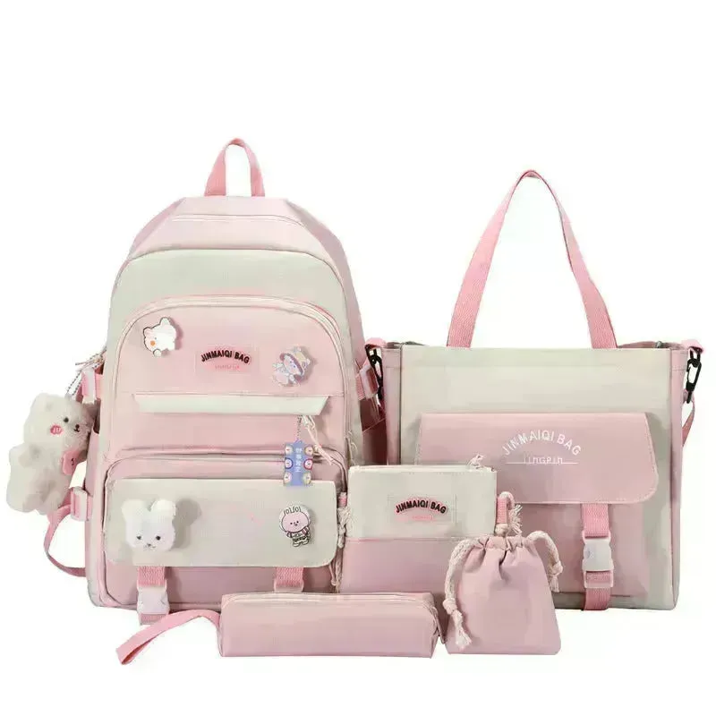 Girls Color Contrast Cute Large Capacity Backpack 5 piece School Bag set