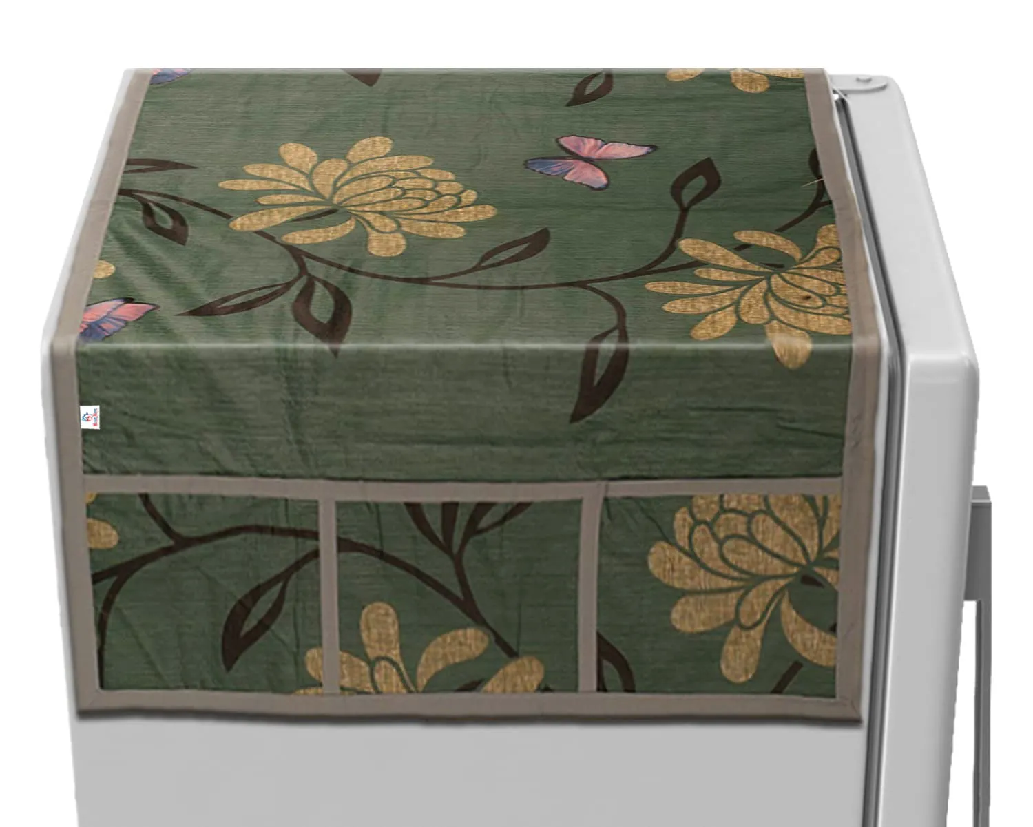 Heart Home Floral Print PVC Fridge Top Cover, Protect for Scratches with 6 Utility Side Pockets (Green)