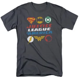 Justice League Pixel Logos Mens T Shirt Charcoal