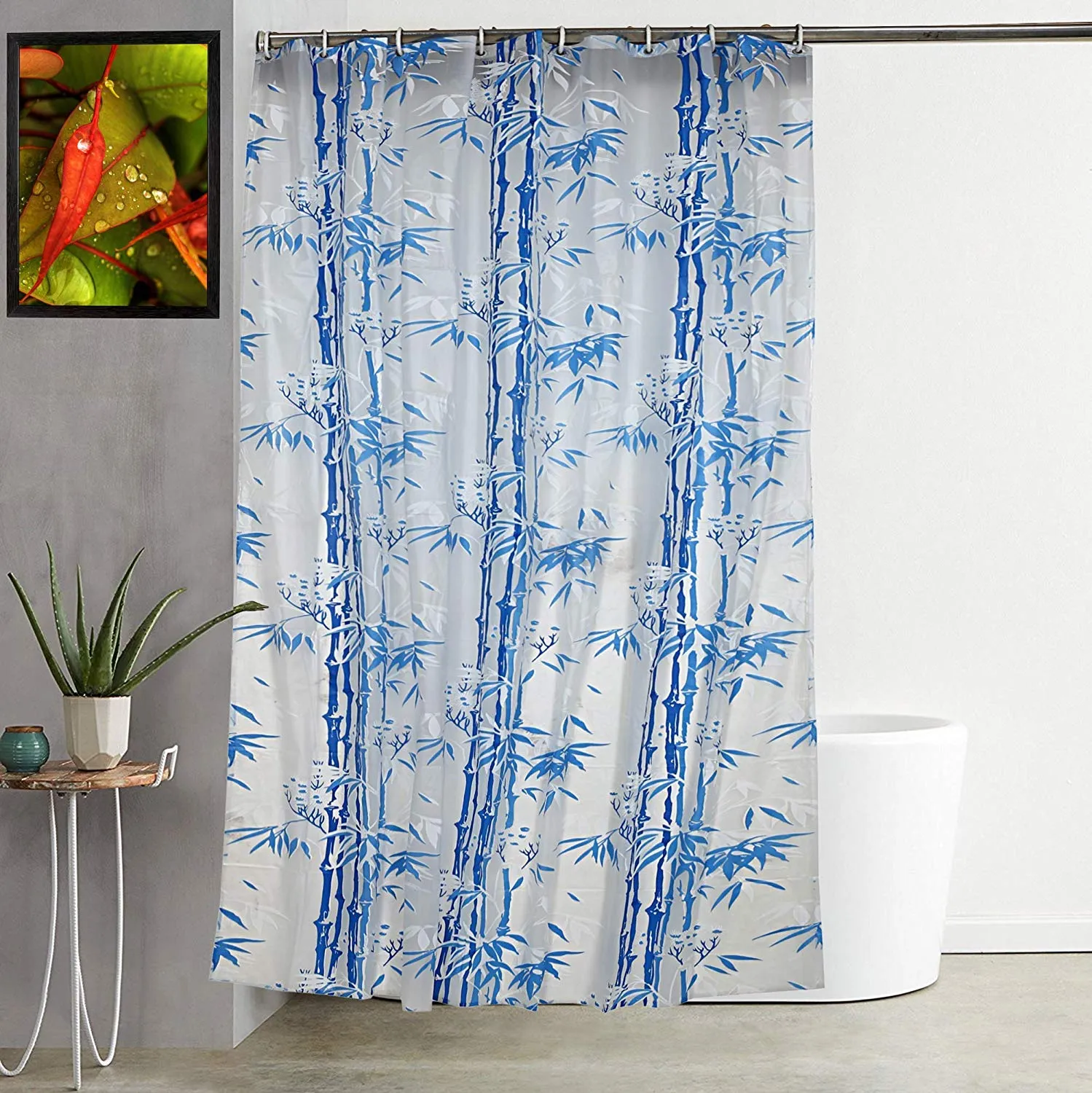 Kuber Industries Bamboo Design 6 Pieces PVC Shower Curtain with Hooks 7 Feet (Blue)-CTKTC14644