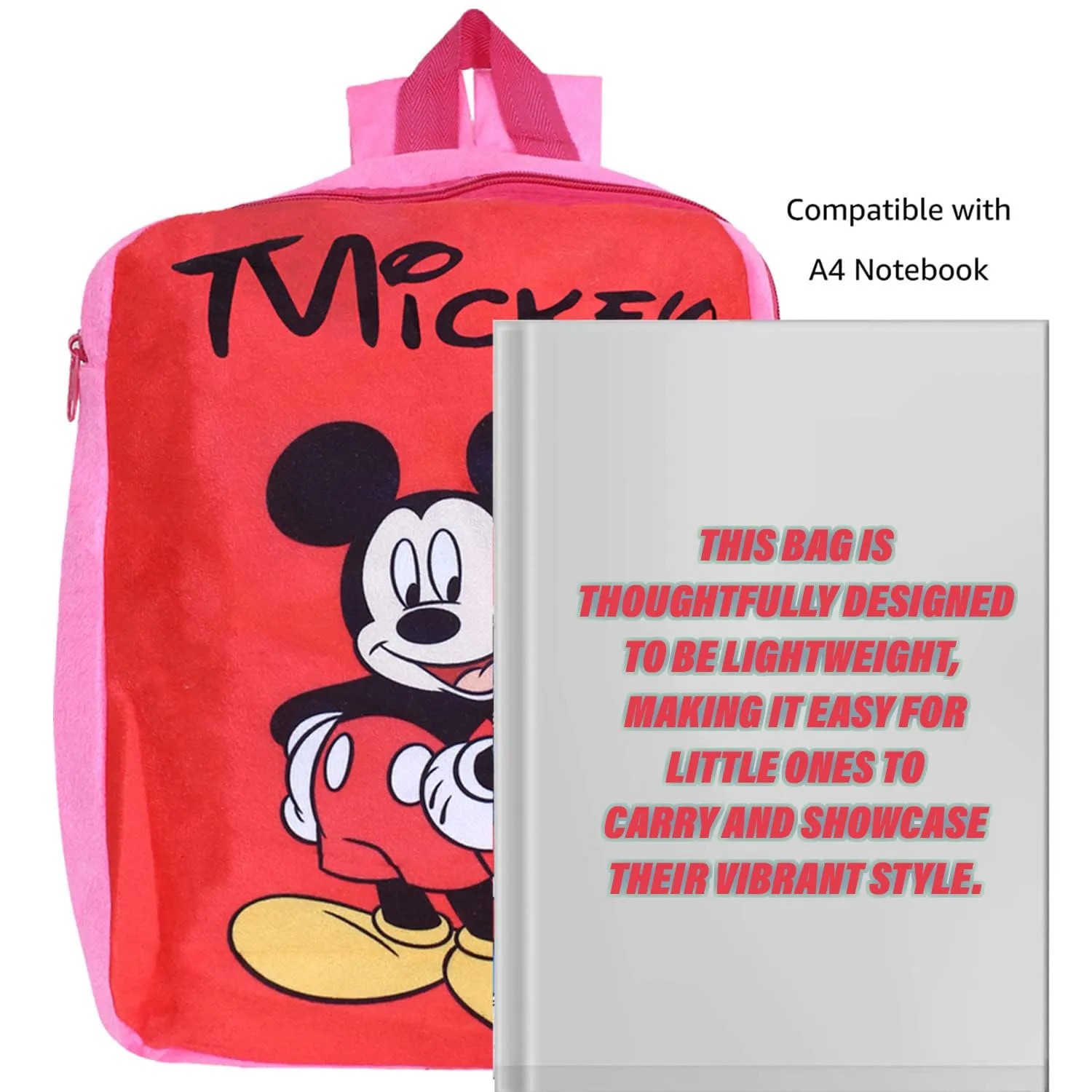 Kuber Industries Disney Mickey Backpack | 2 Compartment Velvet School Bag | School Bag for Kids | Kids School Backpack | Backpack for School | Pink