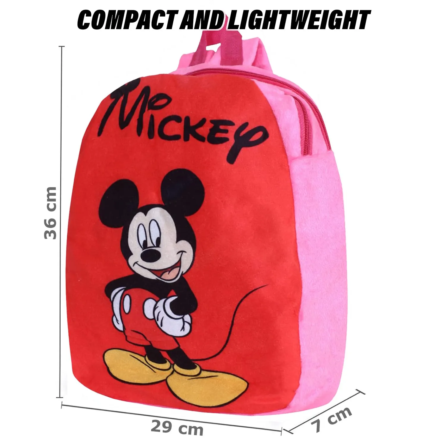 Kuber Industries Disney Mickey Backpack | 2 Compartment Velvet School Bag | School Bag for Kids | Kids School Backpack | Backpack for School | Pink