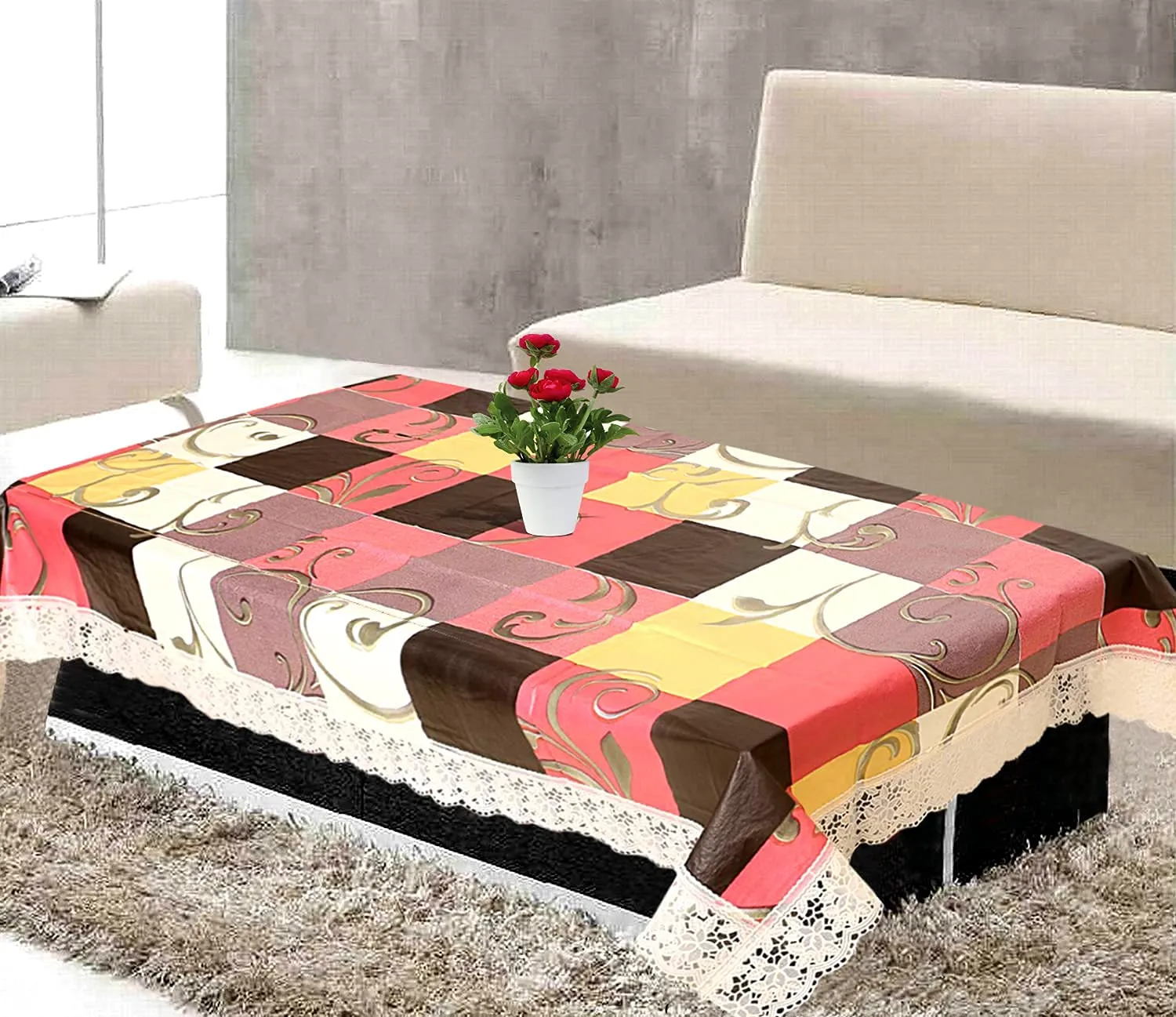 Kuber Industries Floral PVC 4 Seater Centre Table Cover|WaterProof/OilProof|Size 150 x 100 x 1 CM (Cream) Pack of 1