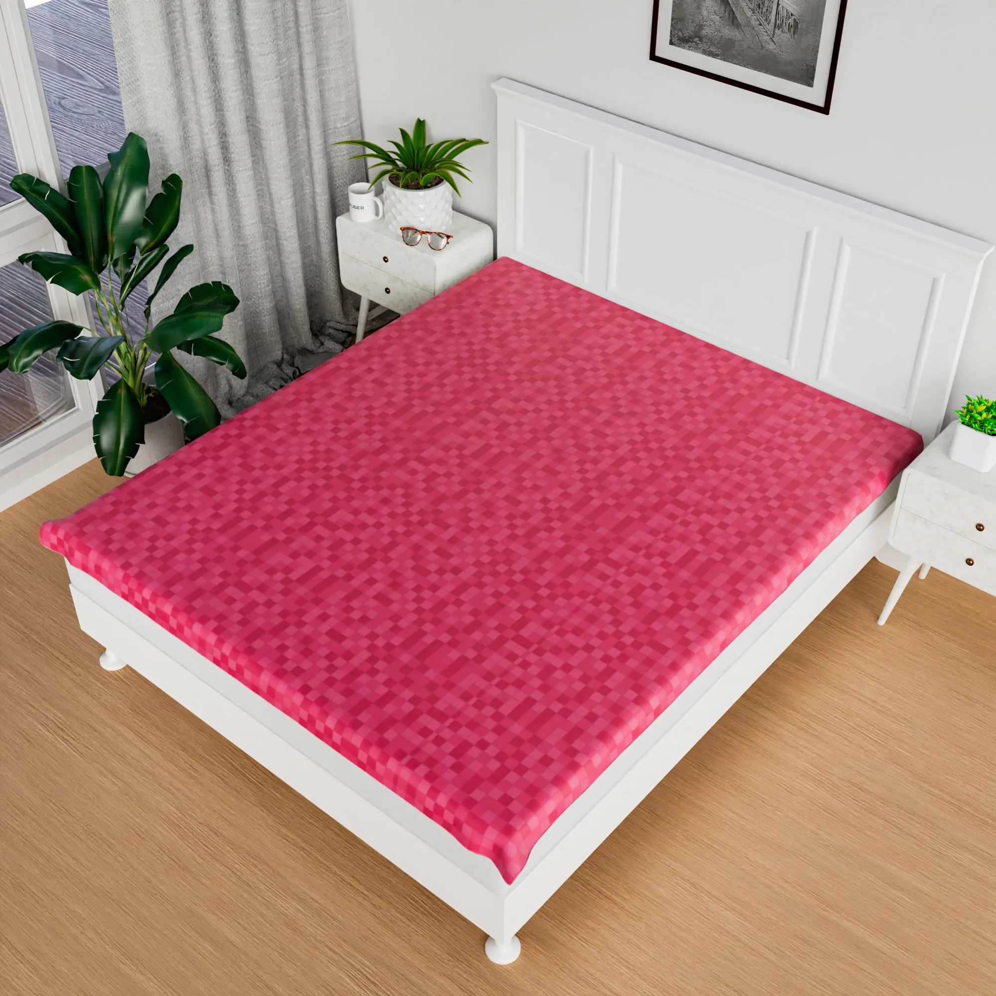 Kuber Industries Mattress Protector | PVC Double Bed Mattress Protector Sheet | Waterproof Mattress Protector Cover | Check Dustproof Mattress Cover | 80x80 Inch | Pink