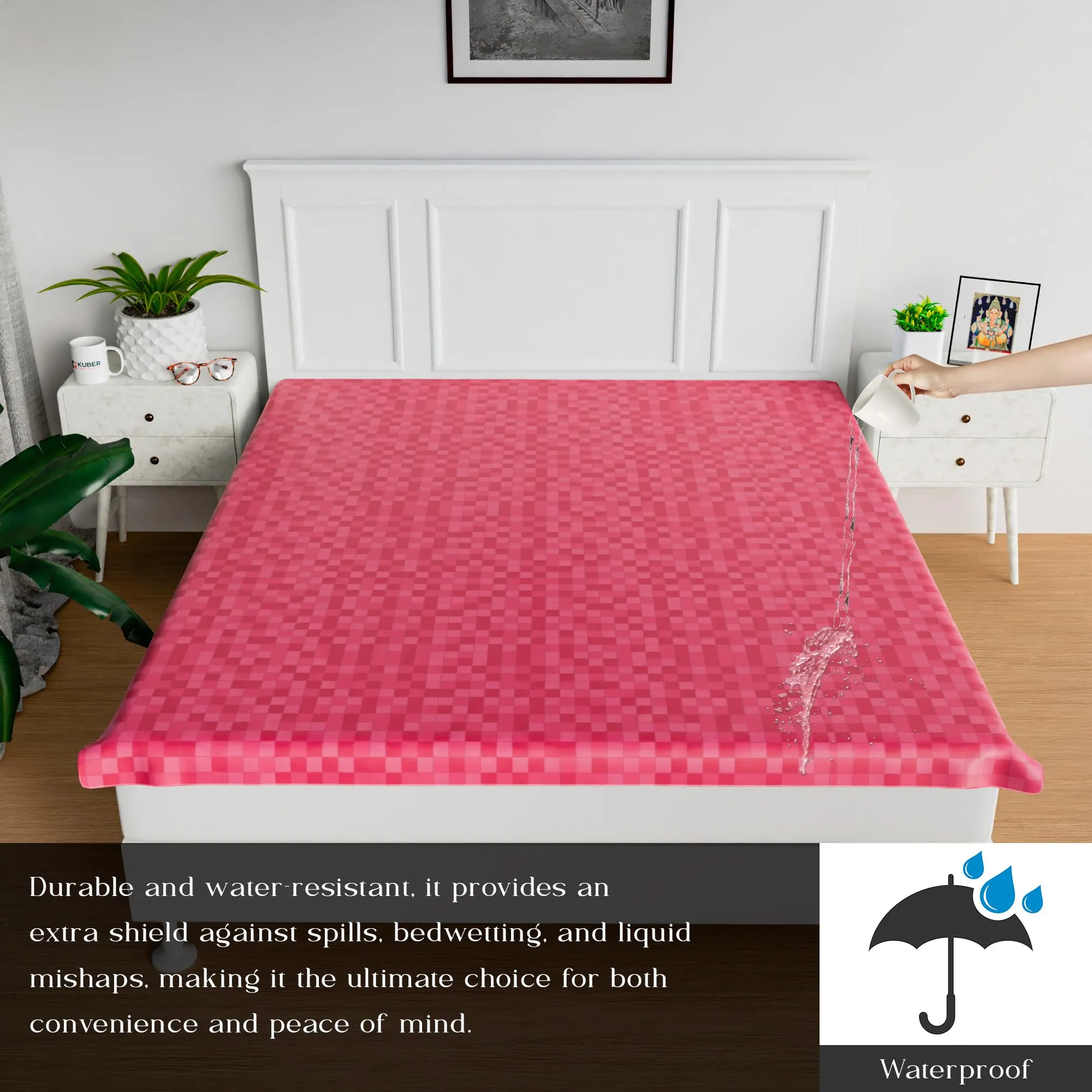 Kuber Industries Mattress Protector | PVC Double Bed Mattress Protector Sheet | Waterproof Mattress Protector Cover | Check Dustproof Mattress Cover | 80x80 Inch | Pink