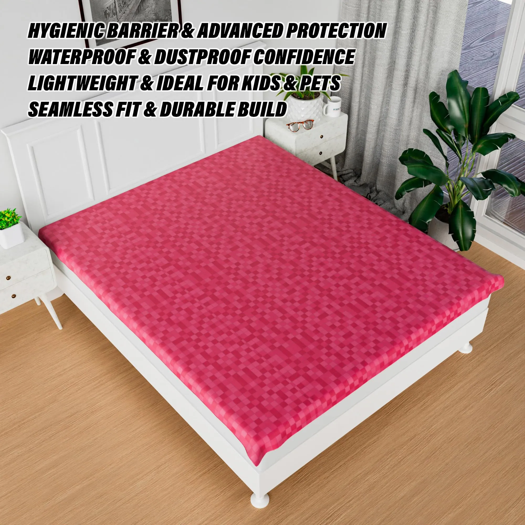 Kuber Industries Mattress Protector | PVC Double Bed Mattress Protector Sheet | Waterproof Mattress Protector Cover | Check Dustproof Mattress Cover | 80x80 Inch | Pink