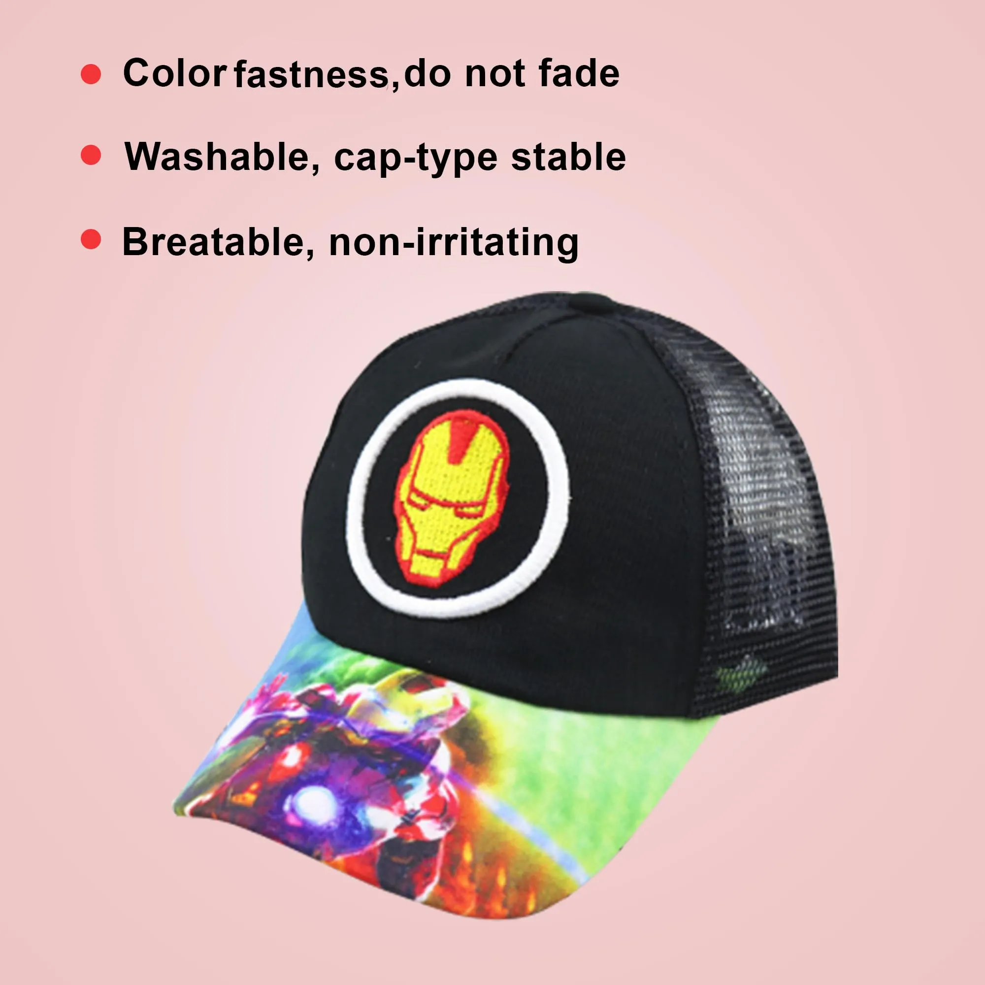 Kuber Industries Pack of 3 Iron Man | Adjustable Cap for Boys and Girls | Cartoon Character Printed Little Cap for Kids | Cap for 7-12 Year Old Baby Girls and Boys |T20310C | Black