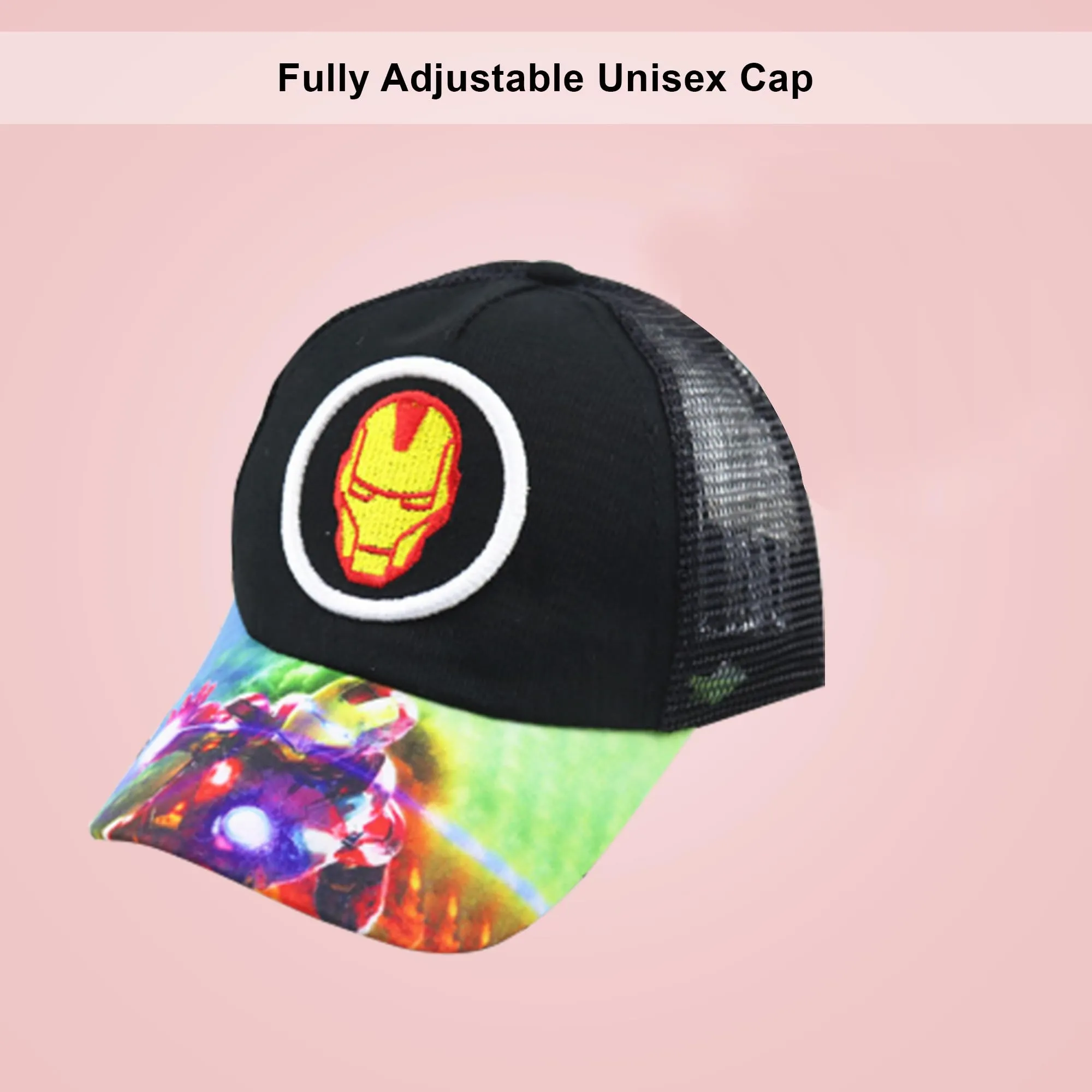 Kuber Industries Pack of 3 Iron Man | Adjustable Cap for Boys and Girls | Cartoon Character Printed Little Cap for Kids | Cap for 7-12 Year Old Baby Girls and Boys |T20310C | Black