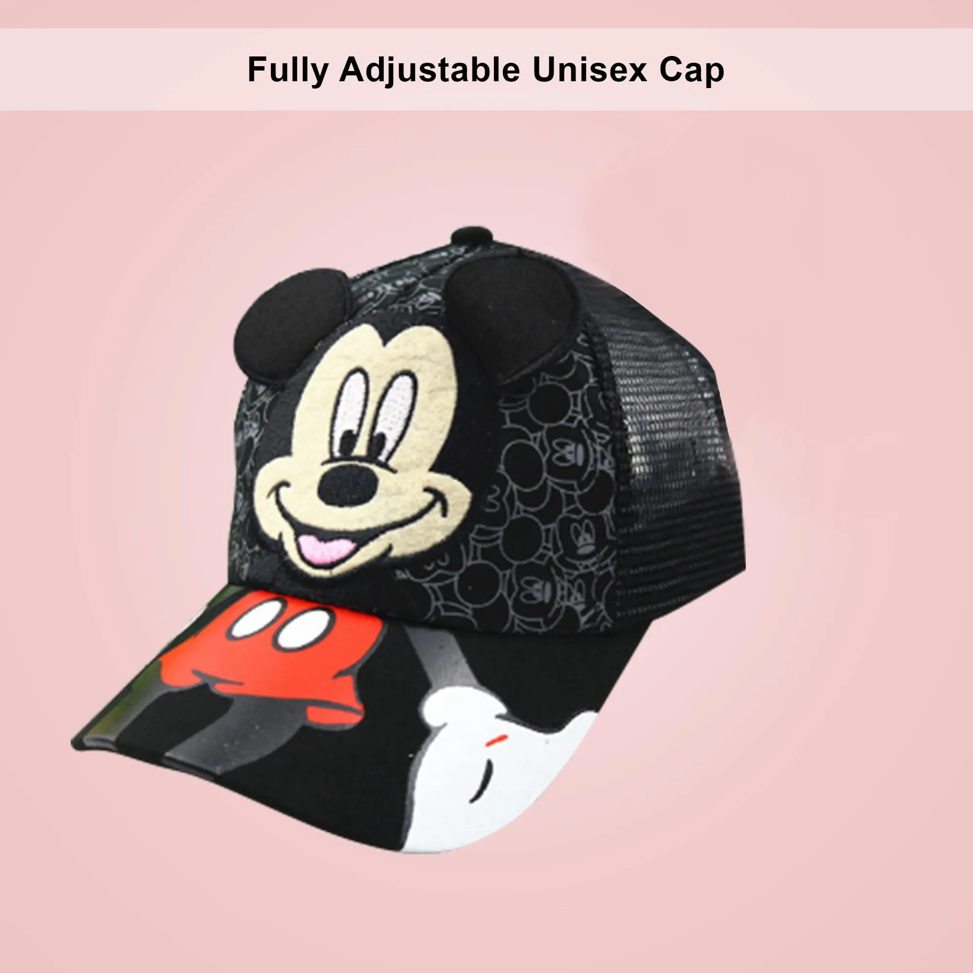 Kuber Industries Pack of 4 Mickey Mouse Cap | Adjustable Cap for Boys and Girls | Cartoon Character Printed Little Cap for Kids | Cap for 7-12 Year Old Baby Girls and Boys | QI0102-B | Black