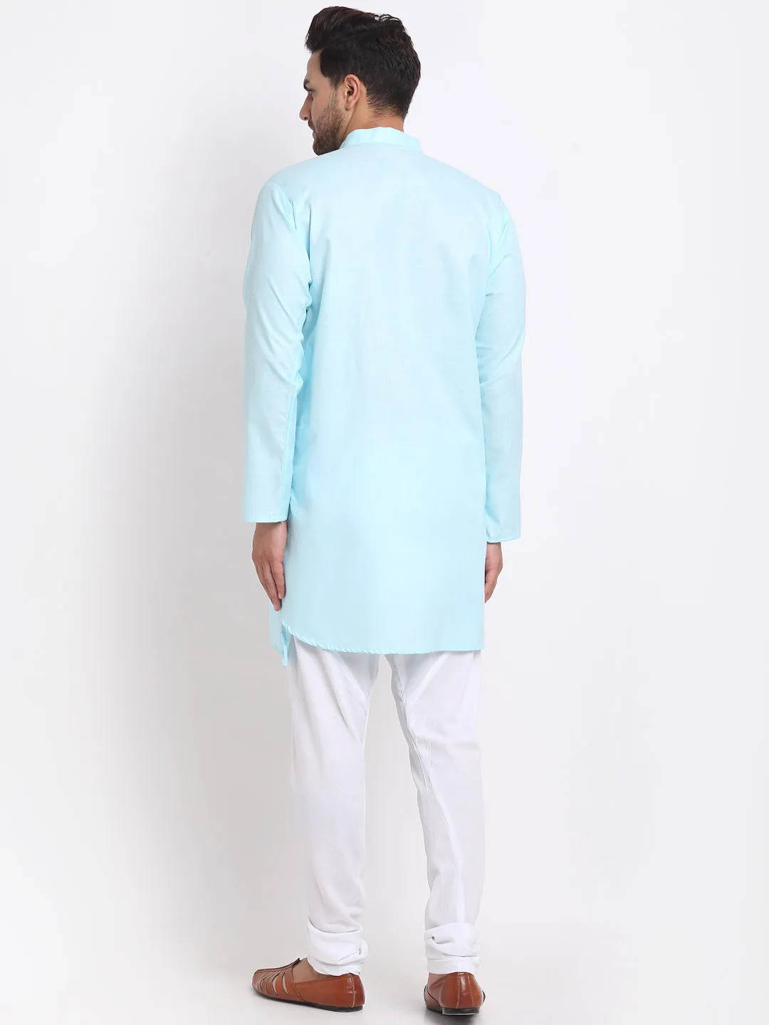 Men's Sky Blue Solid Angrakha Kurta With White Churidaar Pyjama - Benstoke