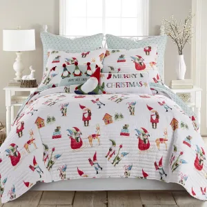 modern Merry & Bright by  - Gnome for the Holidays Quilt - Full/Queen - Christmas Gnomes - Red, Green and White - Quilt (86x86in.) - Reversible - Microfiber White King Sham 20x36