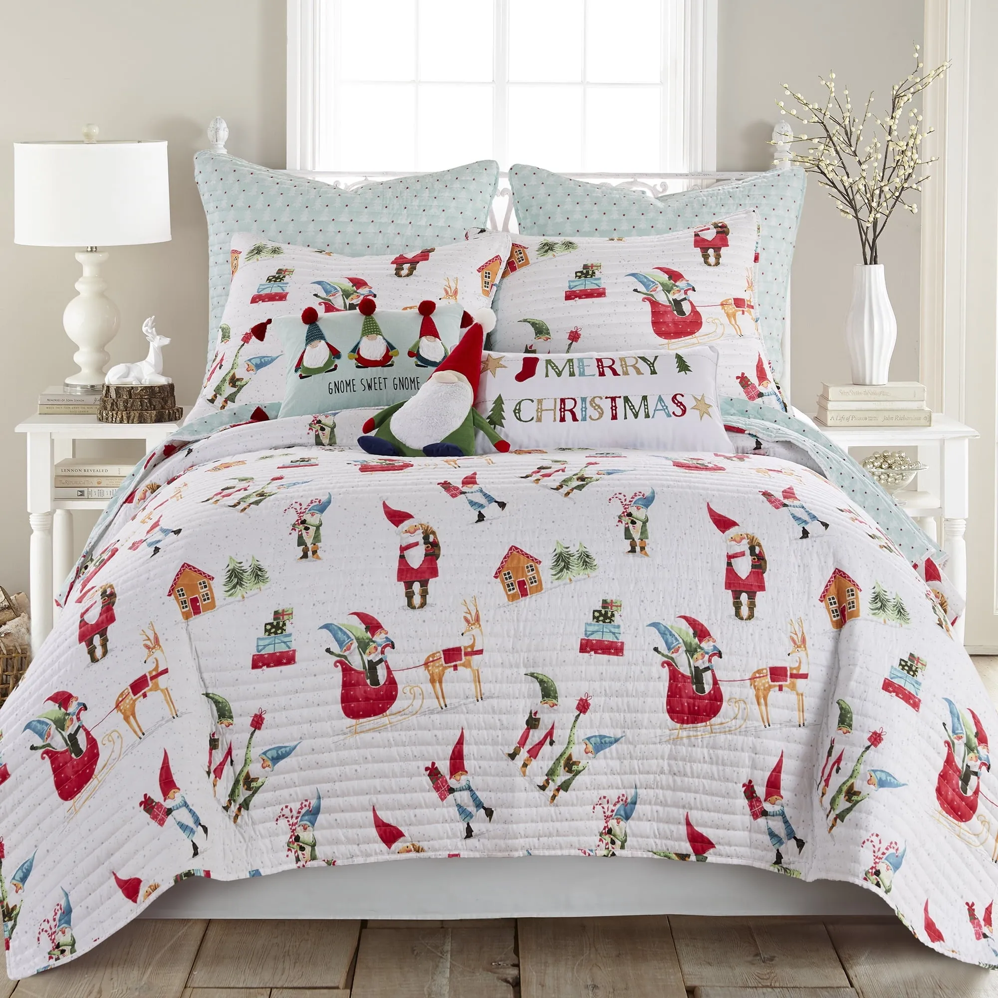 modern Merry & Bright by  - Gnome for the Holidays Quilt - Full/Queen - Christmas Gnomes - Red, Green and White - Quilt (86x86in.) - Reversible - Microfiber White King Sham 20x36