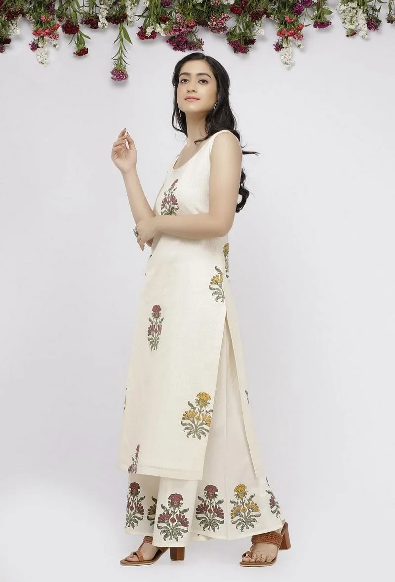 Off White  Straight Fit Hand-Block Printed Kota Kurta