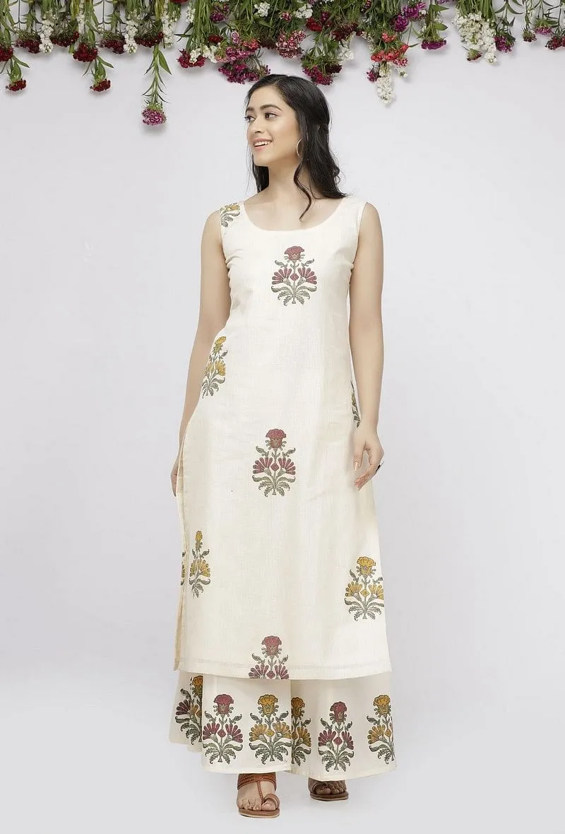 Off White  Straight Fit Hand-Block Printed Kota Kurta