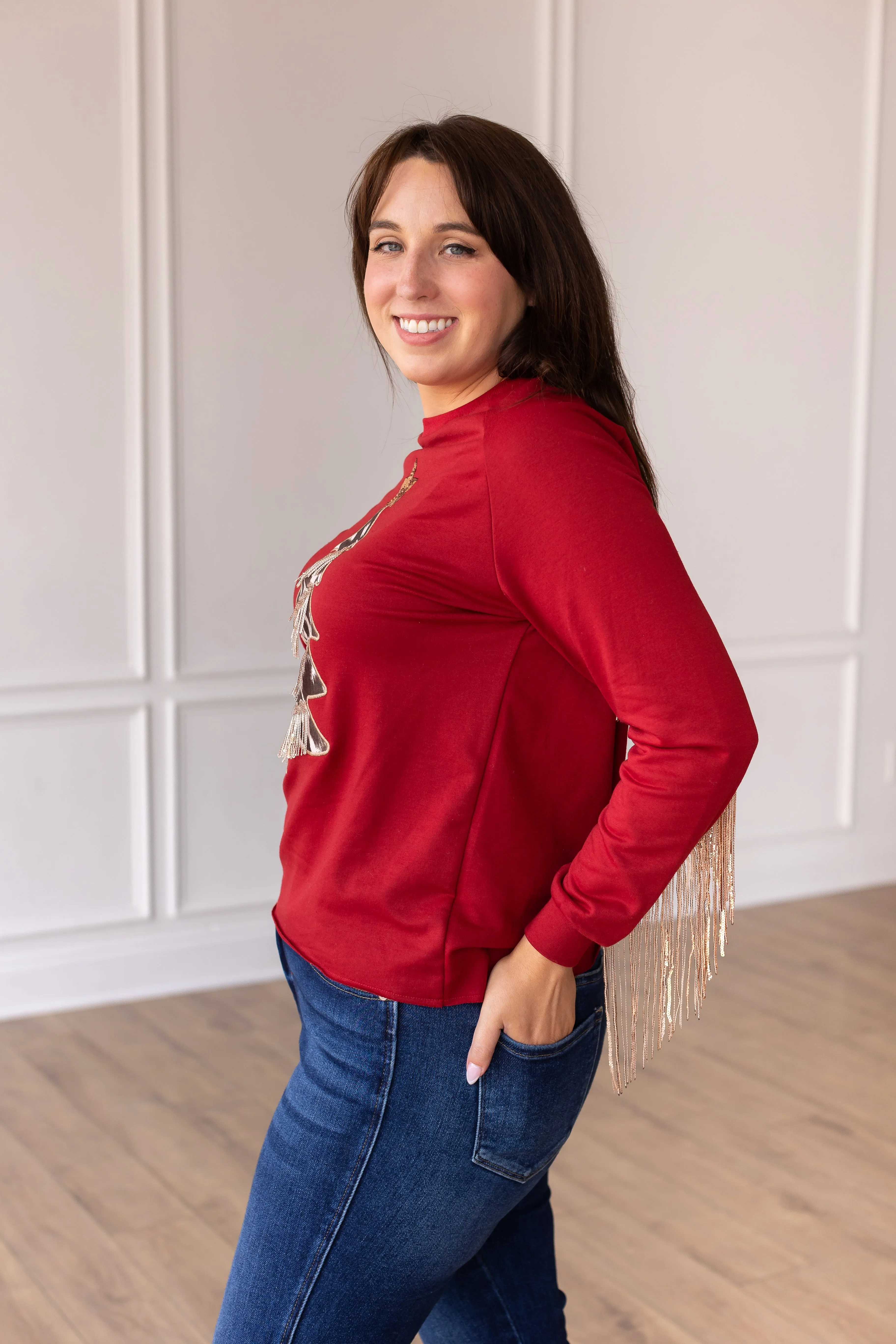 Red Top With Cowhide Tree and Sequin Fringe