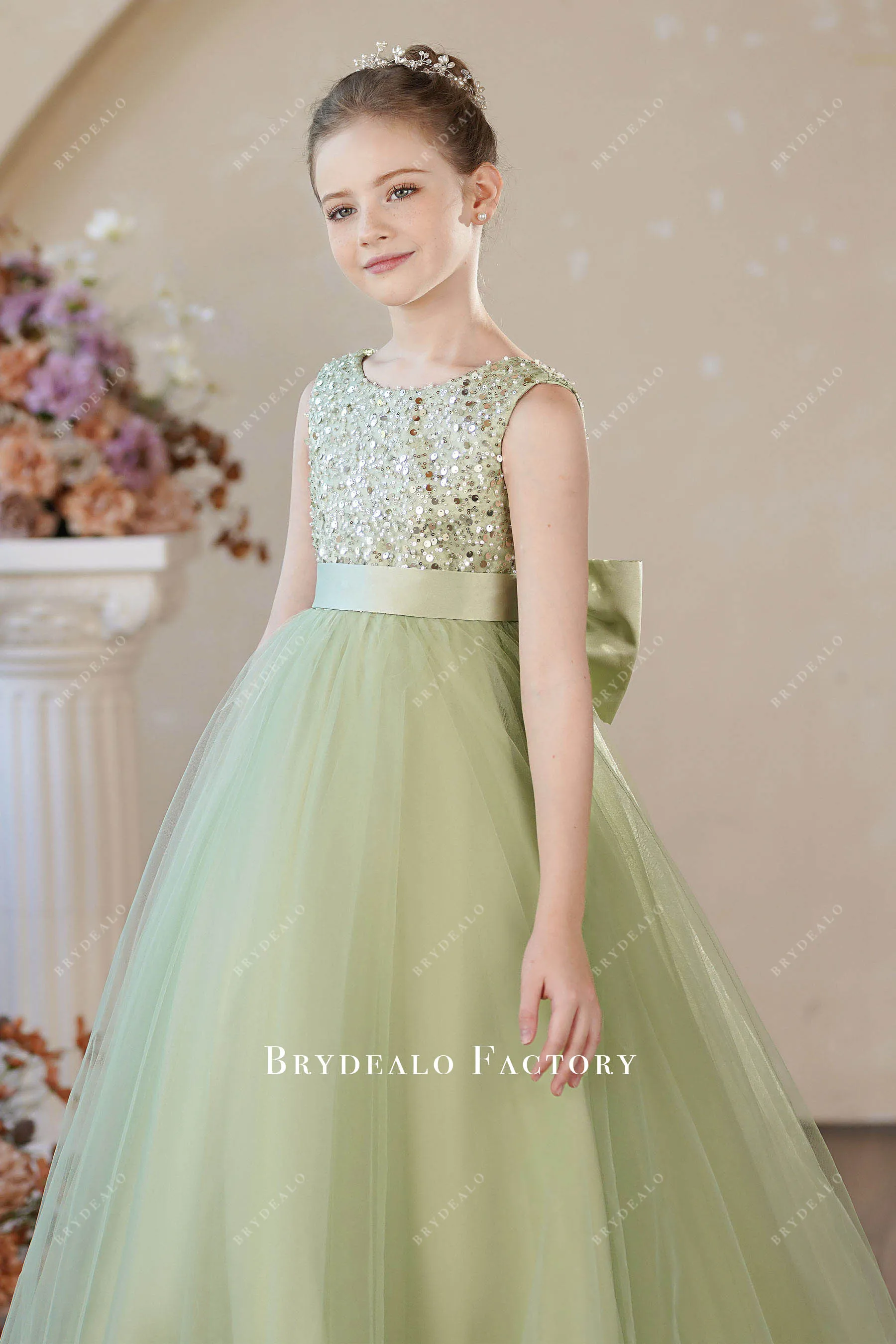 Sage Shimmer Sleeveless Tulle Pretty Big Bow Flower Girl Dress