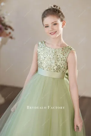 Sage Shimmer Sleeveless Tulle Pretty Big Bow Flower Girl Dress