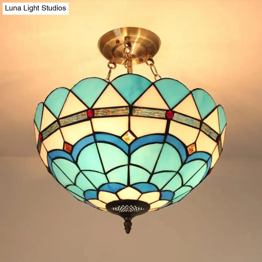 Scalloped Edge Baroque Style Glass Bowl Chandelier Light in Blue/Sky Blue, 12"/16"/19.5"/23.5" W, Brass Hanging Light