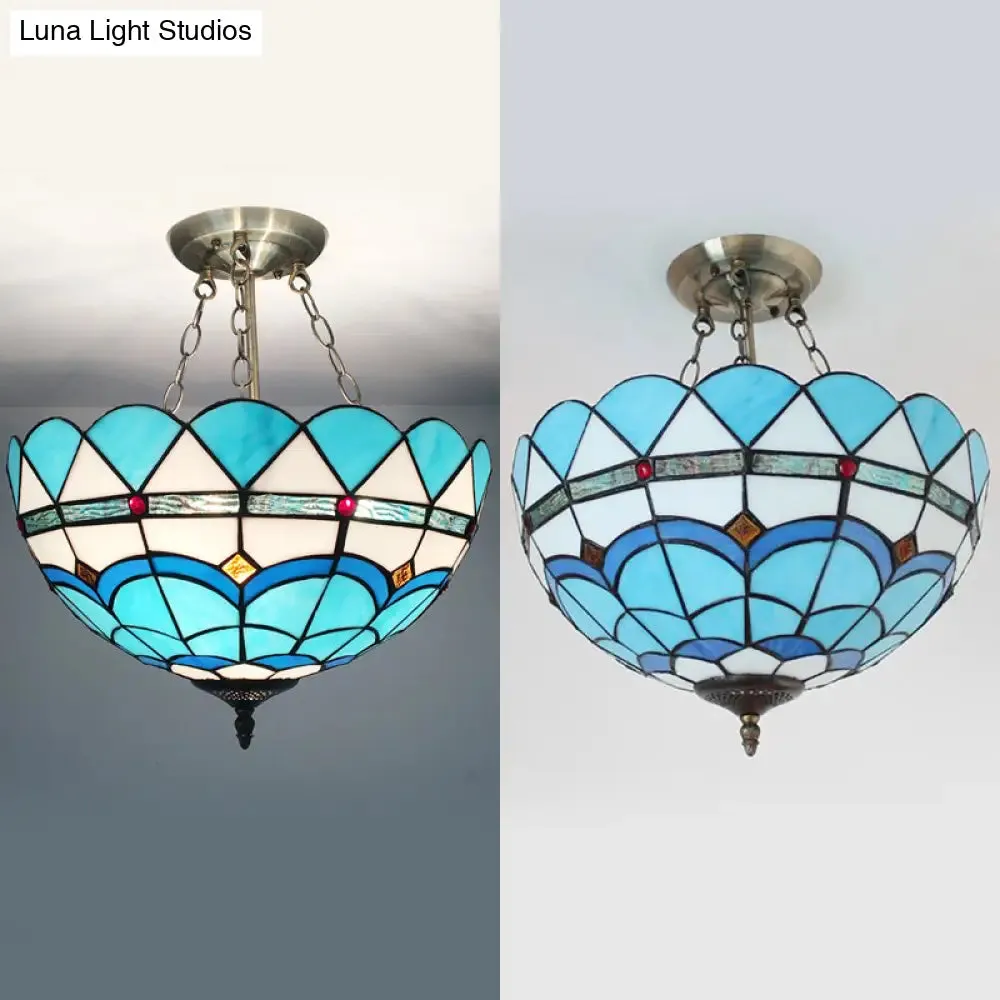 Scalloped Edge Baroque Style Glass Bowl Chandelier Light in Blue/Sky Blue, 12"/16"/19.5"/23.5" W, Brass Hanging Light