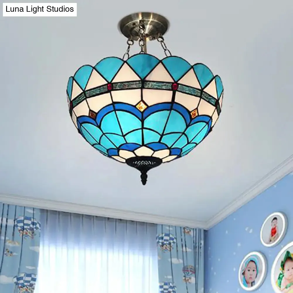 Scalloped Edge Baroque Style Glass Bowl Chandelier Light in Blue/Sky Blue, 12"/16"/19.5"/23.5" W, Brass Hanging Light