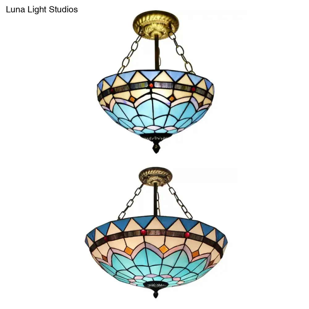 Scalloped Edge Baroque Style Glass Bowl Chandelier Light in Blue/Sky Blue, 12"/16"/19.5"/23.5" W, Brass Hanging Light