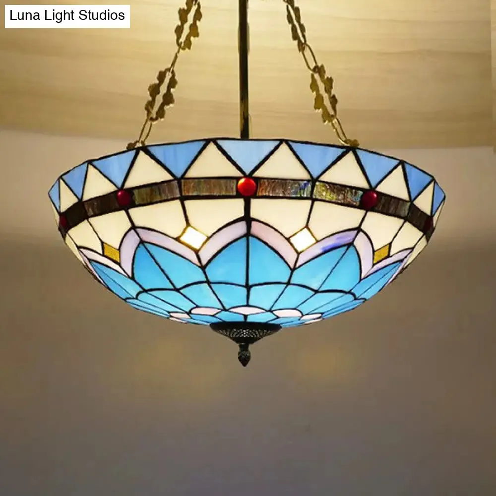 Scalloped Edge Baroque Style Glass Bowl Chandelier Light in Blue/Sky Blue, 12"/16"/19.5"/23.5" W, Brass Hanging Light