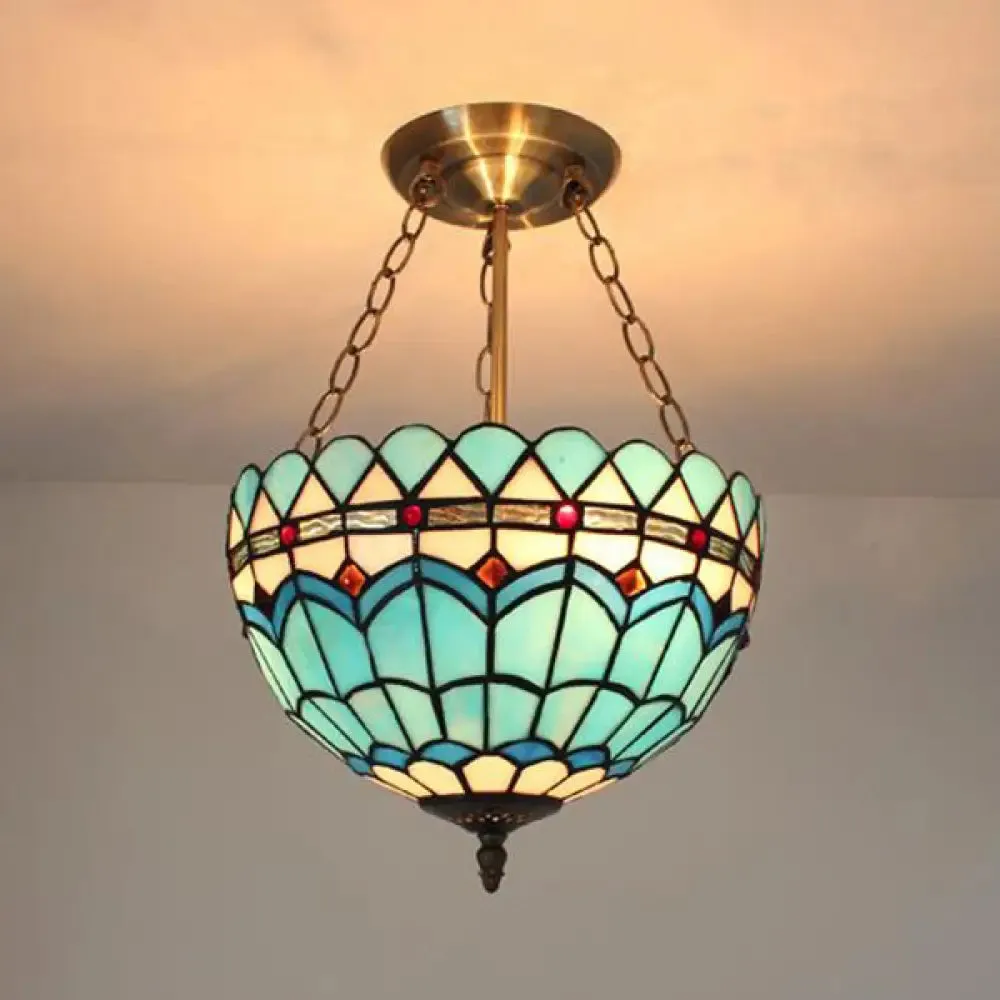 Scalloped Edge Baroque Style Glass Bowl Chandelier Light in Blue/Sky Blue, 12"/16"/19.5"/23.5" W, Brass Hanging Light