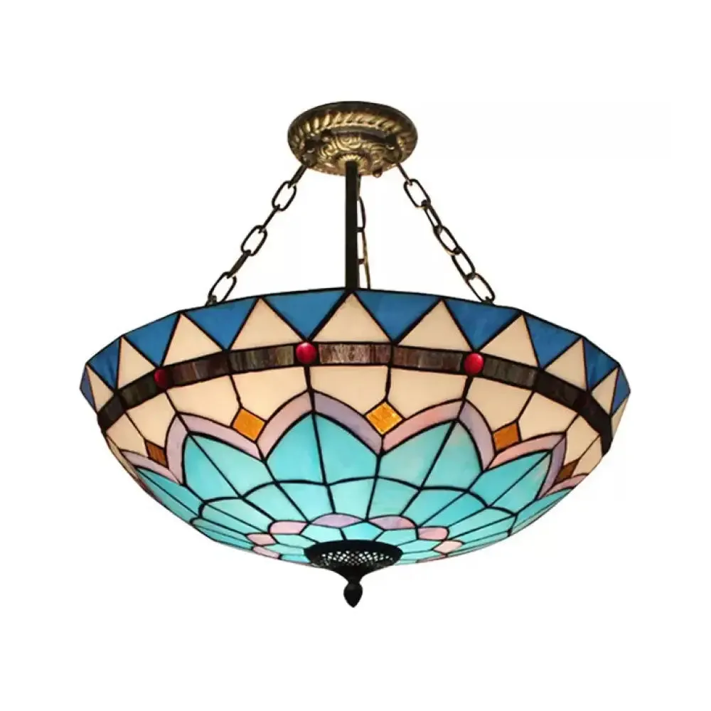 Scalloped Edge Baroque Style Glass Bowl Chandelier Light in Blue/Sky Blue, 12"/16"/19.5"/23.5" W, Brass Hanging Light