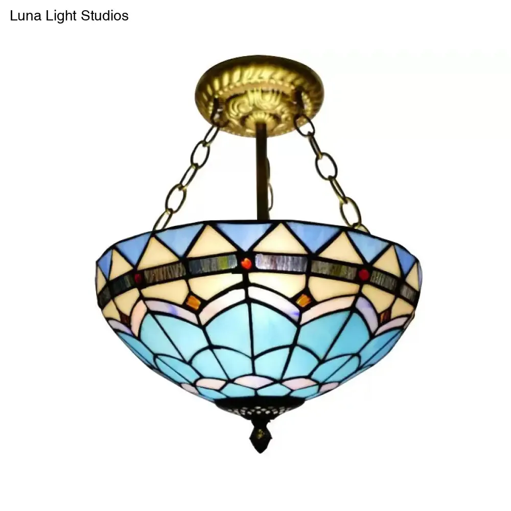 Scalloped Edge Baroque Style Glass Bowl Chandelier Light in Blue/Sky Blue, 12"/16"/19.5"/23.5" W, Brass Hanging Light