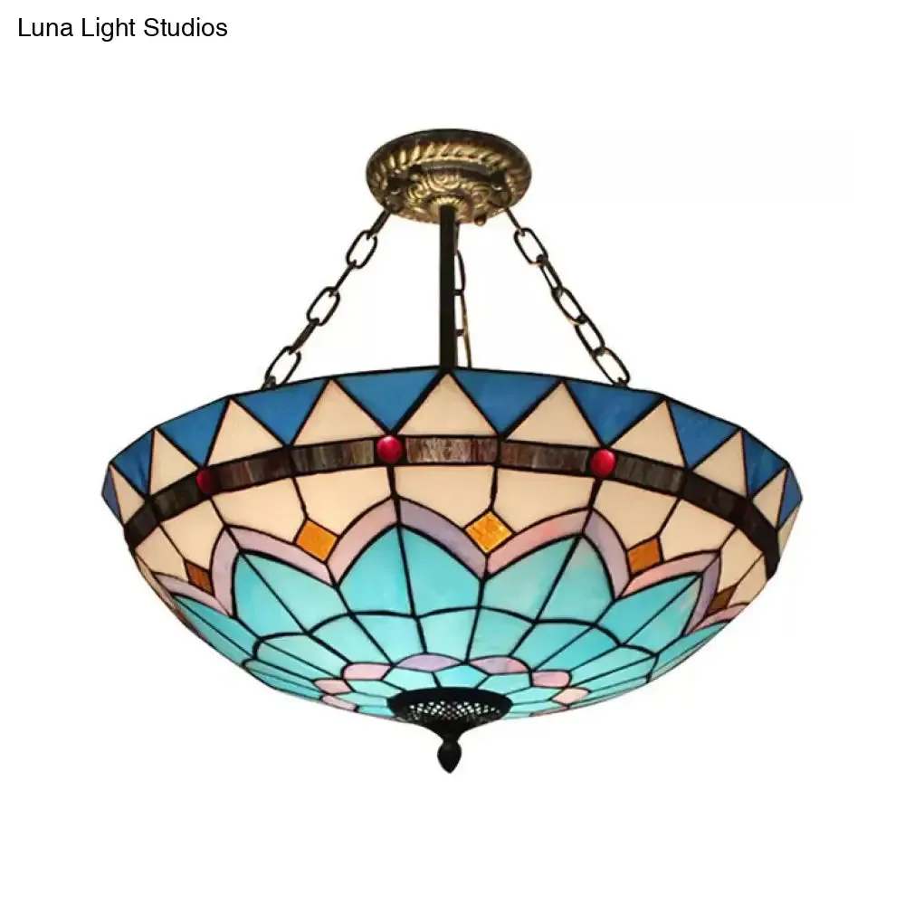 Scalloped Edge Baroque Style Glass Bowl Chandelier Light in Blue/Sky Blue, 12"/16"/19.5"/23.5" W, Brass Hanging Light