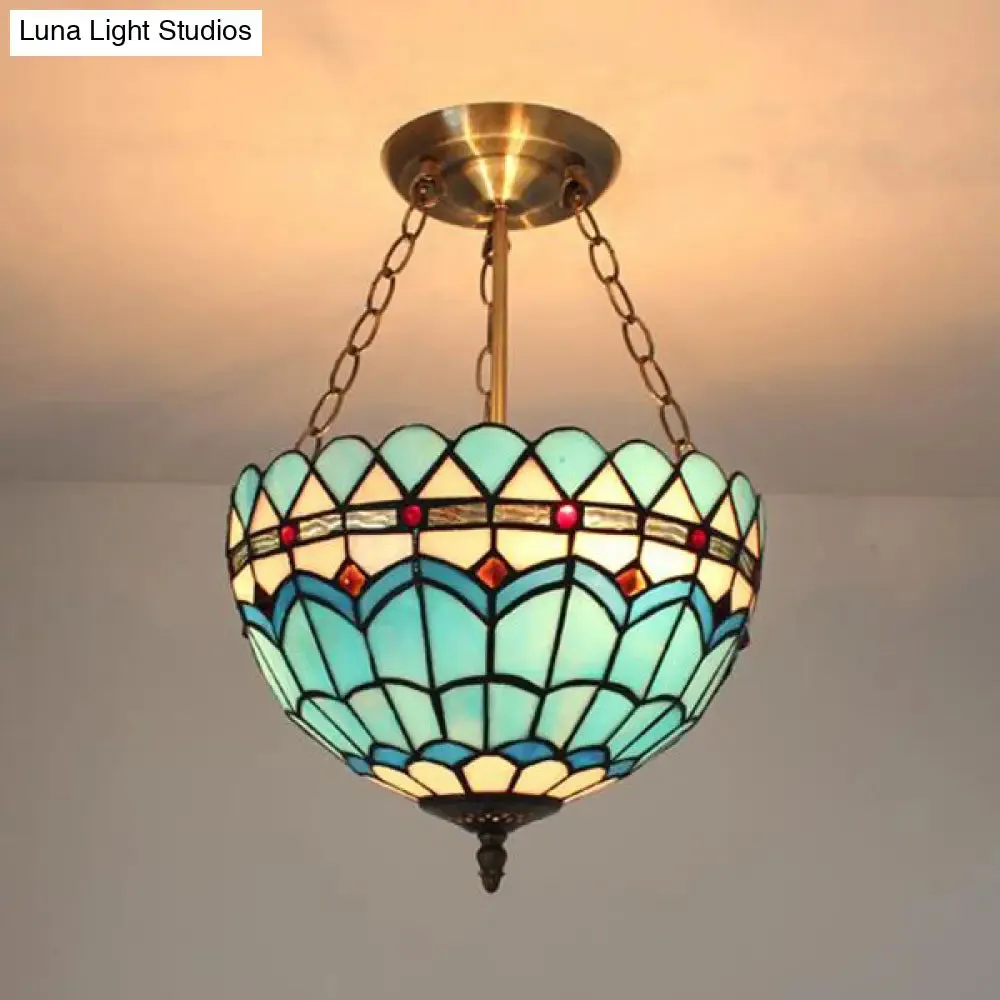 Scalloped Edge Baroque Style Glass Bowl Chandelier Light in Blue/Sky Blue, 12"/16"/19.5"/23.5" W, Brass Hanging Light