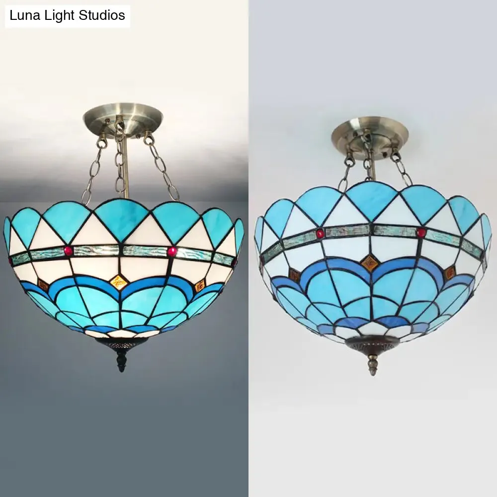 Scalloped Edge Baroque Style Glass Bowl Chandelier Light in Blue/Sky Blue, 12"/16"/19.5"/23.5" W, Brass Hanging Light